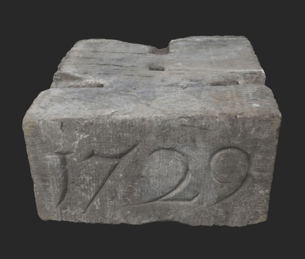 Facing brick with date 1729 of the Soetenbrug, facing brick foundation stone building component slate stone, minced Rectangular