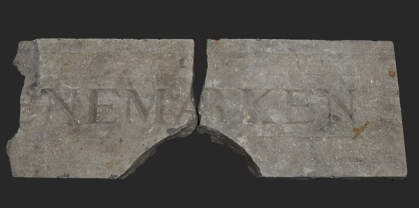 Two fragments of facing brick with Denmark, facing brick building component soil find stone right: upper side 49.0 lower side 26