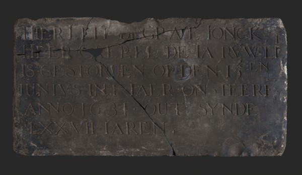 Tombstone with text Here leit engraved ... LXXVII, tombstone found bottom shale stone, chopped Rectangular flat text