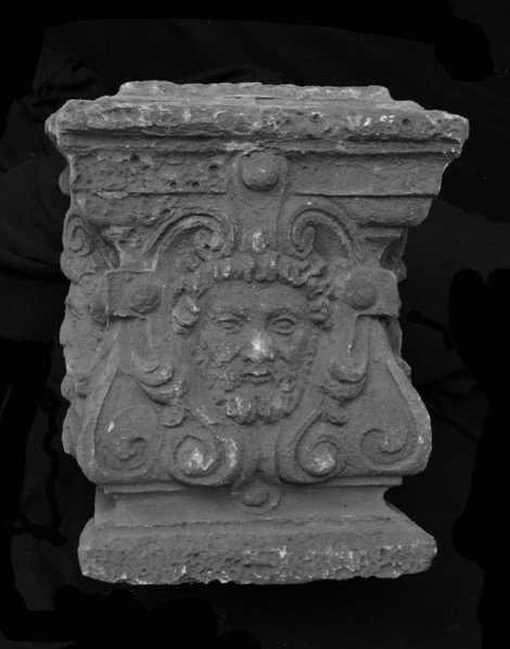 Basement of chimney with three male heads, basement ornament mantelpiece chimney building component plaster, cast Basement