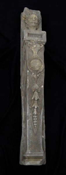 Herm, pilaster building component sandstone stone, sculpted Herm decorated with medallion floral pattern frame and curls