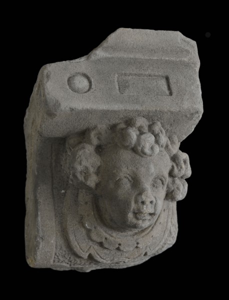 Console, boy head with curls and lobed collar, console building element sandstone stone, sculpted Console boy head with curls