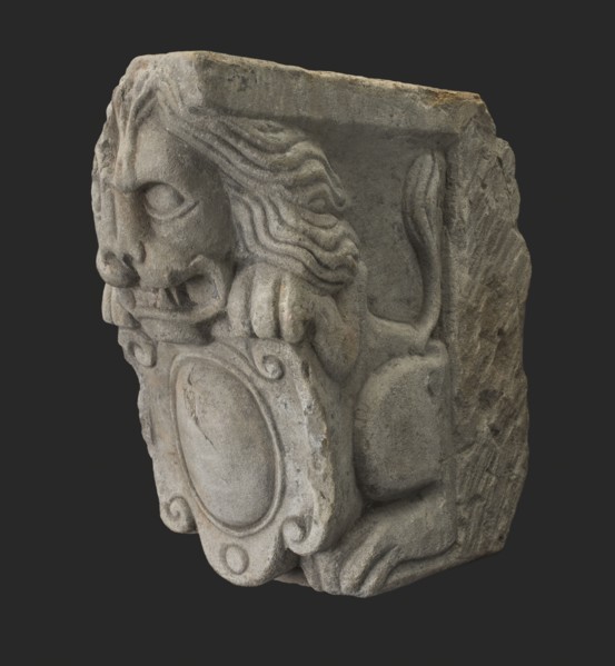 Console with lion and cartouche, console construction element sandstone stone, sculpted Console with seated lion holding