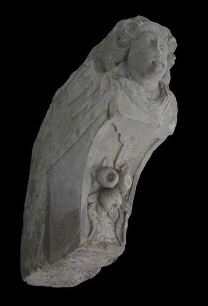 Stone console with female head, console building element sandstone stone, sculpted Console with female head in the front