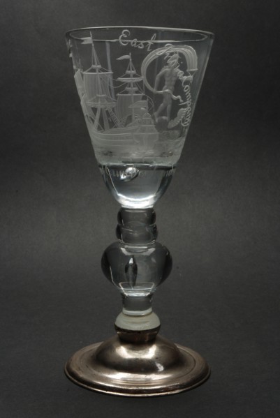 Goblet engraved with three-master, Fortuna, Prosperitij to the East India Companij and Duke of Cumberland, wine glass drinking