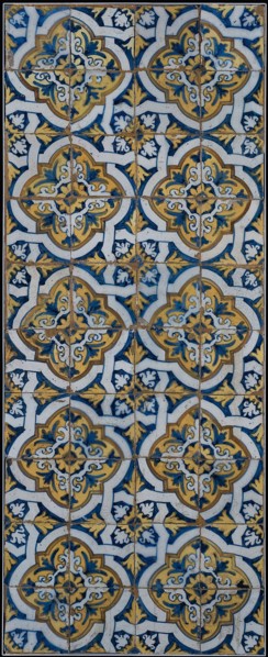 Ornament tile, tile field of forty pieces, ten high, four wide; multicolored, diagonal decor with wickerwork, tile field wall