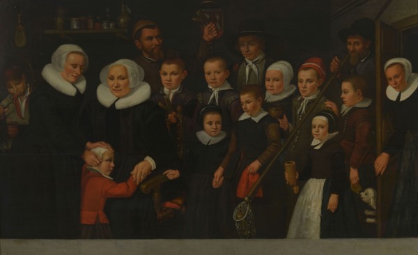 Pieter Hoeveafter:, Portrait of mothers, servants and children of the Leprooshuis in Rotterdam, group portrait portrait painting