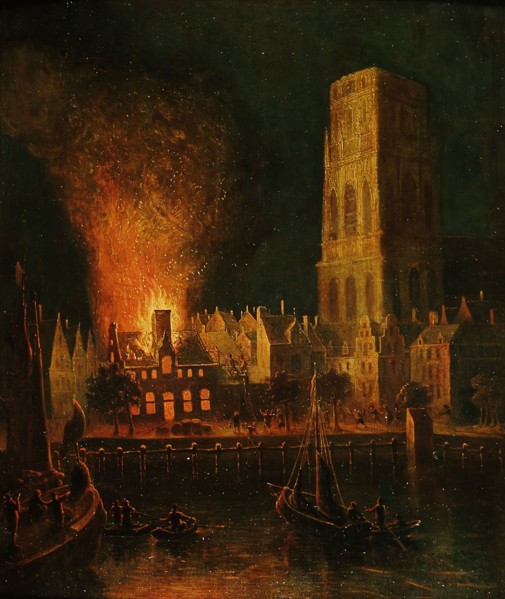 Fire in house on the Boerenvismarkt in Rotterdam, on the right the Laurenskerk, cityscape painting visual material oil painting