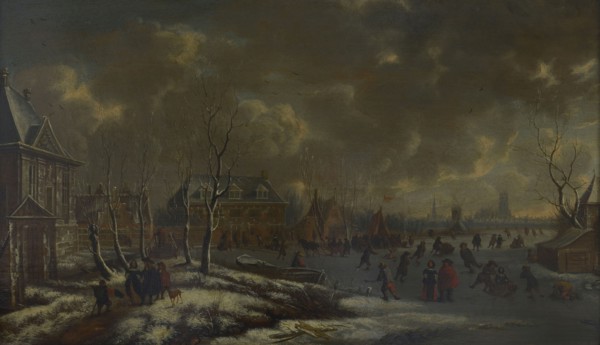 J. Storck, Winter view of Rotterdam with Huis Crooswijk on the Rotte, cityscape painting wood oil painting gold, Panel