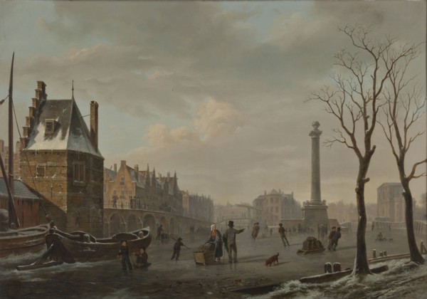 Bartholomeus J. van Hove, Pompenburg with Hofpoort in winter, cityscape painting painting material wood oil, Painting landscape