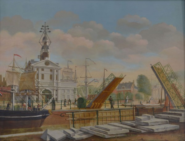 David Welle, View of Wester Nieuwehoofdpoort from the southwest, Rotterdam, cityscape painting wood painting, Oil on panel
