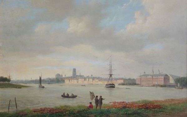 Bart J. van Hove, View of the Maas from the southeast with the right 's Rijkswerf (Admiralty yard), Rotterdam, cityscape