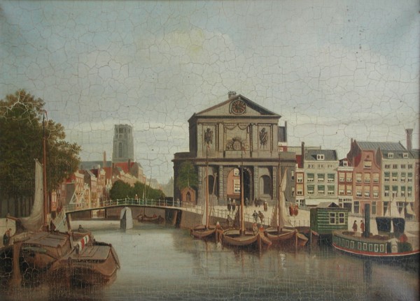 Franciscus Lodewijk van Gulik (Maastricht 1841 - Rotterdam 1899), Cityscape, seen from the Schie (Hofplein), with the Delftse