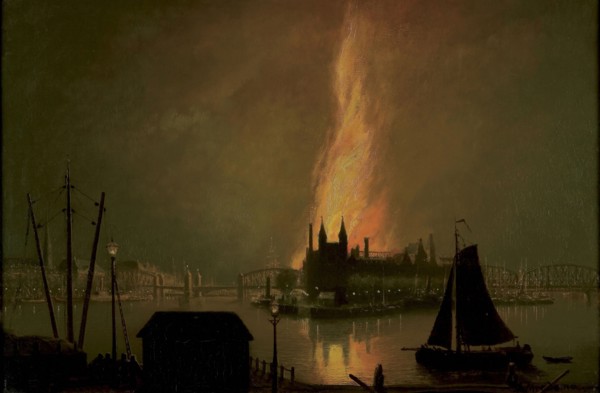 Rein Miedema, View of fire on the North Island at night, cityscape painting material linen oil painting wood 40,5 w 61,0 Oil