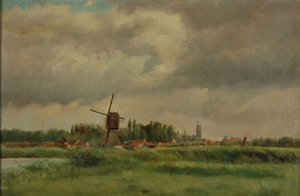 Jan Bikkers, Rotte or Schie with mill and the Laurenskerk in the distance, Rotterdam, village view painting material oil