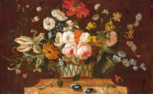 Willem van Leen, Upper door with flower still life, still life painting wallpapering imagery oil paint linen wood, Room