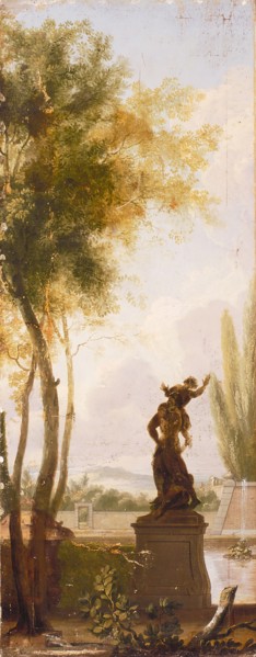 Jan Stolker, Wallpaper glued to cabinet-door panel with representation of parkland with statue of Hercules and Caecus, door