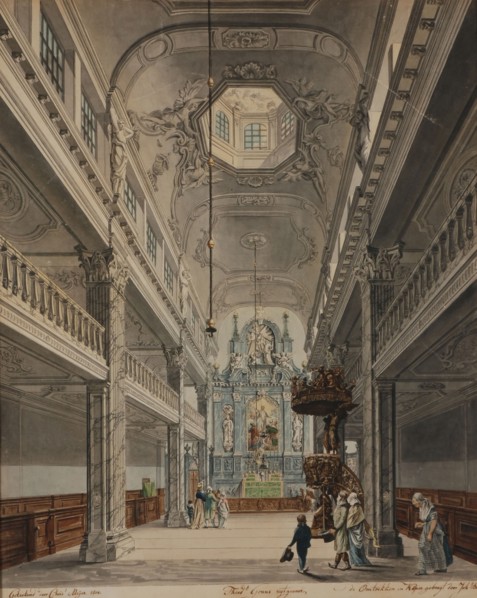 Christoffel Meijer, Interior Paradijskerk seen from the nave to the choir, in gilded frame with ornament edge, Rotterdam, print