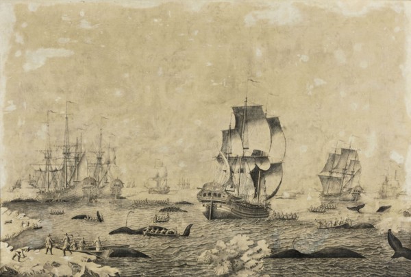 Roelof van Salm, Painting with whaling in operation, painting visual material oil paint linen, Oil on canvas, pen painting