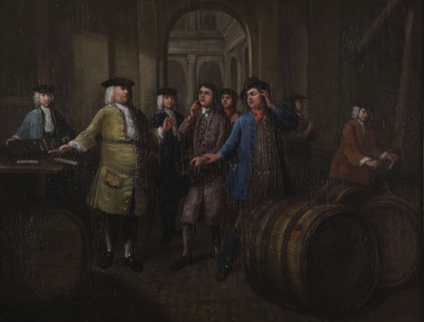 Interior of Stock Exchange during trade in madder, Rotterdam, painting visual material linen oil paint, Oil on canvas