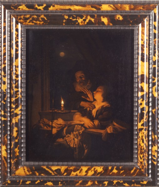 Adriaen van der Werff, Candle light: sleeping woman by candlelight is attacked by pawing old man, painting visual material wood