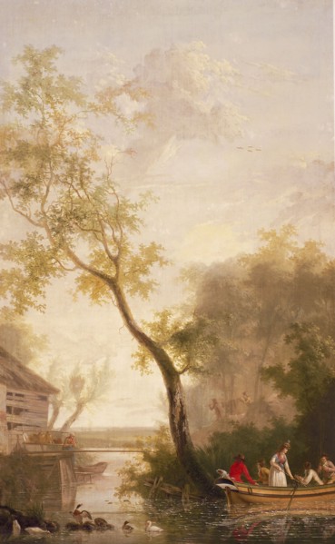 Gerrit Malleyn, Room wallpaper with gallant company in rowing boat, landscape wallpaper painting canvas linen oil painting