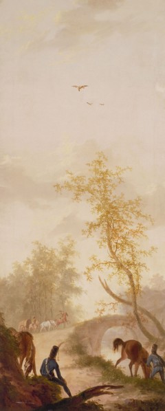 Gerrit Malleyn, Room wallpaper with landscape with resting soldiers at bridge, landscape wallpaper painting canvas linen oil