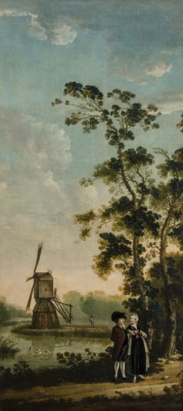 Arcadian local landscape with foreground rich couple in trees and in background old mill with two people at water, landscape