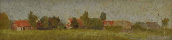 Jan Bikkers, Strip farms and trees with meadow in the foreground, Rotterdam, painting footage paper cardboard paint with carrier