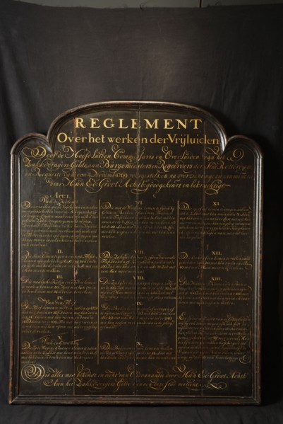 Regulations on the working of the Vrijluiden in the Bag Bearers Guild, Rotterdam, regulations information board information form