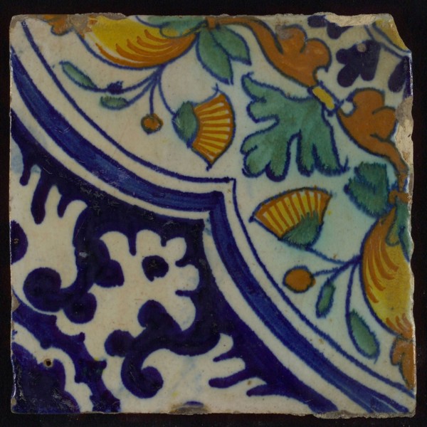 Ornament tile, diagonal ornament in quatrefoil with bows in which orange-apples and flowers, palm corner, corner pattern rosette