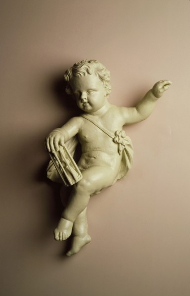 Wooden angel with hourglass, ornament carvings sculpture footage wood paint, Two wooden angels (mirrored) one with hourglass