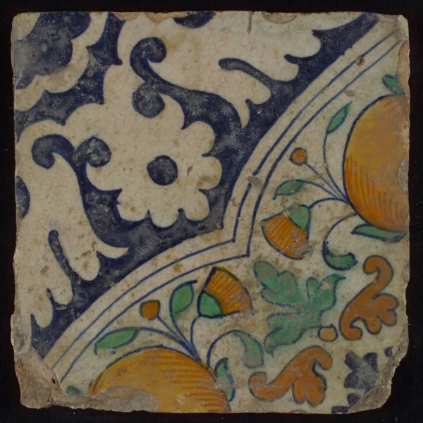 Ornament tile, diagonal ornament in quatrefoil with bows in which orange-apples and flowers, palm corner, corner motif rosette