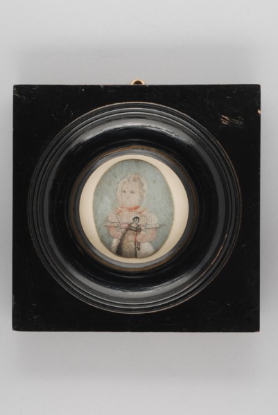 Portrait miniature of little girl, portrait miniature painting footage wood ivory paint watercolor ivory backing, Black wooden