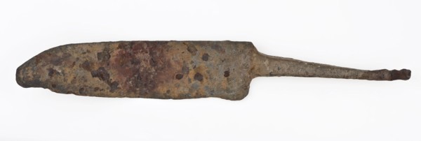 Blade with broken tip and narrowed sting, blade knife cutlery ground find iron metal, archeology Rotterdam rail tunnel cutting