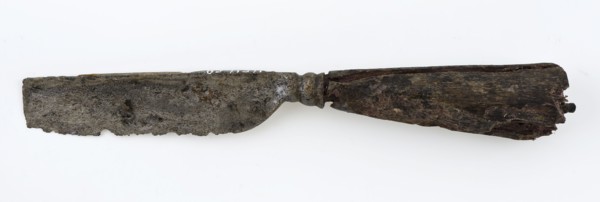 Blade with attached handle protector and narrowed stern, with tapered handle, knife cutlery soil find iron wood metal, Blade