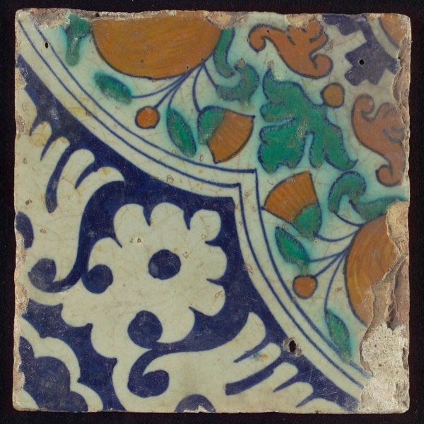 Ornament tile, diagonal ornament in quatrefoil with bows in which orange-apples and flowers, palm corner, corner pattern rosette