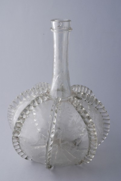 Bulbous ornamental bottle, decanter engraved with grape vines, peacocks, butterflies and flowers, bottle holder glass, free