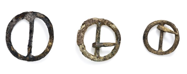 Three small buckles, round with middle post, clasp fastener component soil find brass copper metal largest, cast sawn 3 buckles