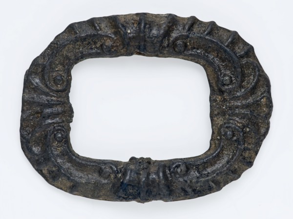 Small pewter clasp without angel, decorated frame, clasp fastener component soil find tin metal, Oval bracket archeology