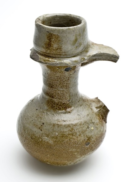 Small stoneware jug, oil jug, low belly and long neck, holder baskets ceramic stoneware glaze salt glaze, hand-turned glazed