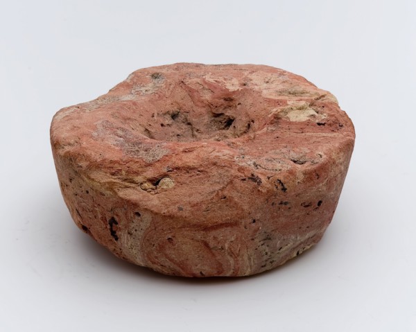 Earthenware disc with cavity and tapered walls, artifact soil found ceramic earthenware, shaped baked Round tapered stone