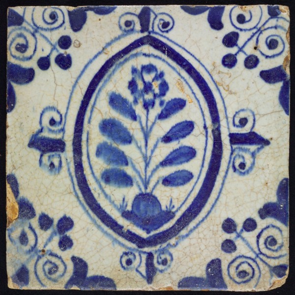 SB, Flower Tile, blue on white, in oval with lilies, flower on ground, corner motif, wall tile tile sculpture soil find ceramic