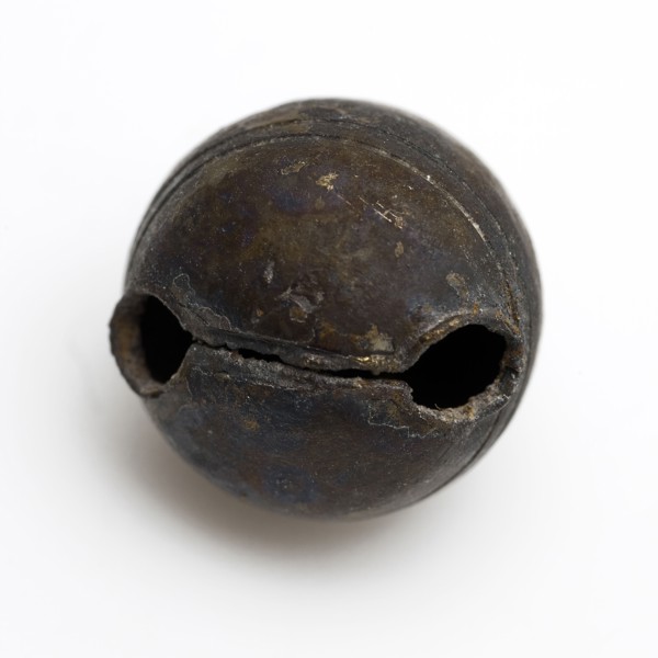 Copper bell of rattle, musical instrument or harness, marked, bell sound medium Soil discovery copper brass metal, soldered