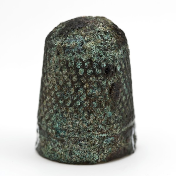 Copper molded thimble, thimble sewing kit soil find copper metal, cast Copper molded children's thimble with wells in lines