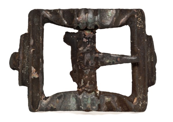 Rectangular buckle with strong profiled frame, shoe buckle, buckle fastener part soil find brass copper metal, cast Rectangular