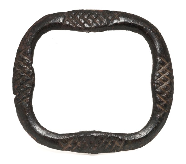 Shoe buckle, buckle decorated with embossed grid pattern, clasp fastener component soil find bronze copper metal, cast shoe Shoe
