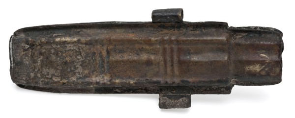 Needle case, tube holder soil find brass copper metal, Flattened oval tube with bottom. The top is narrower than the tube itself