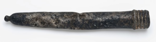 Needle tube with thread, sleeve holder soil find tin silver? metal, Dented tapered tube ending in tip. Top threaded archaeology