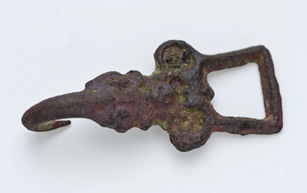 Clothes hook or cloak, embossed in relief, ending in bent point, closure clothing accessory clothing ground find copper metal